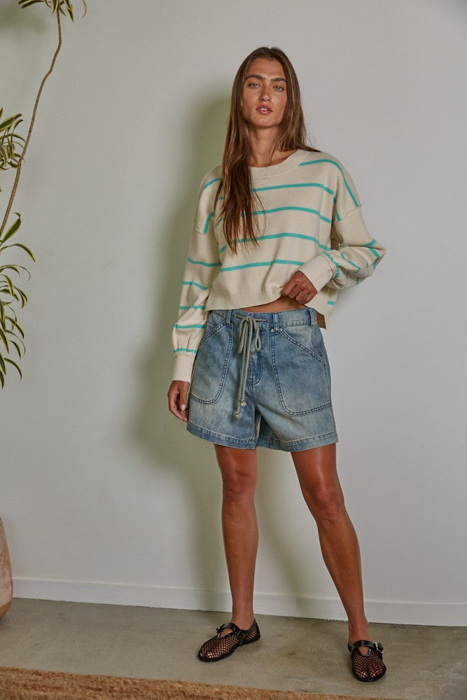 Womens-Teal-Striped-Crop-Sweater