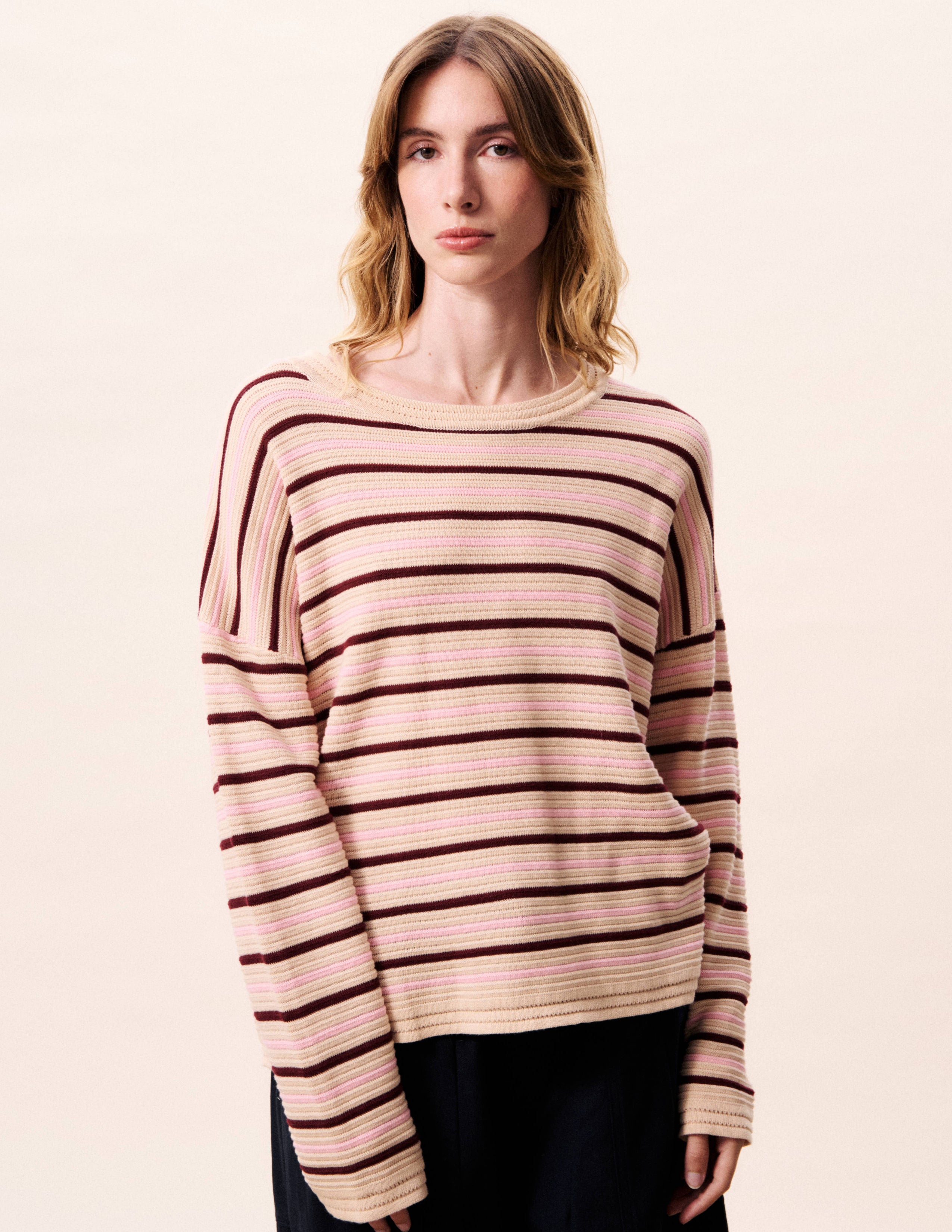beige maroon striped sweater