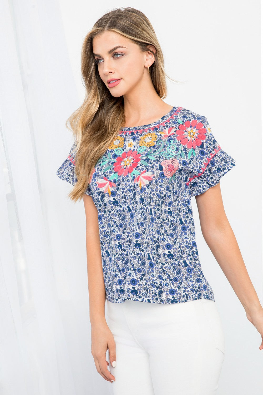 blue embroidered short sleeve top