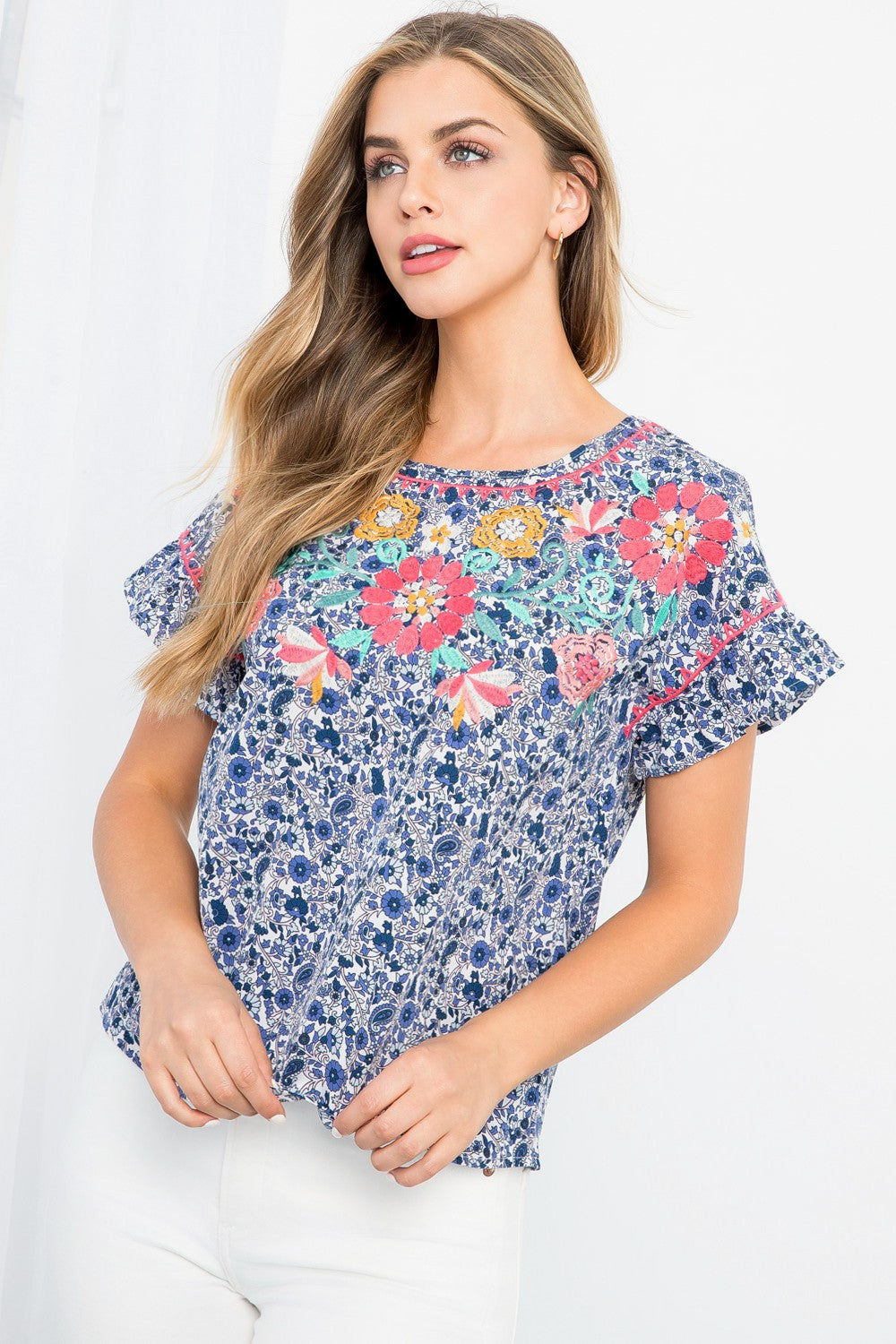 blue embroidered top