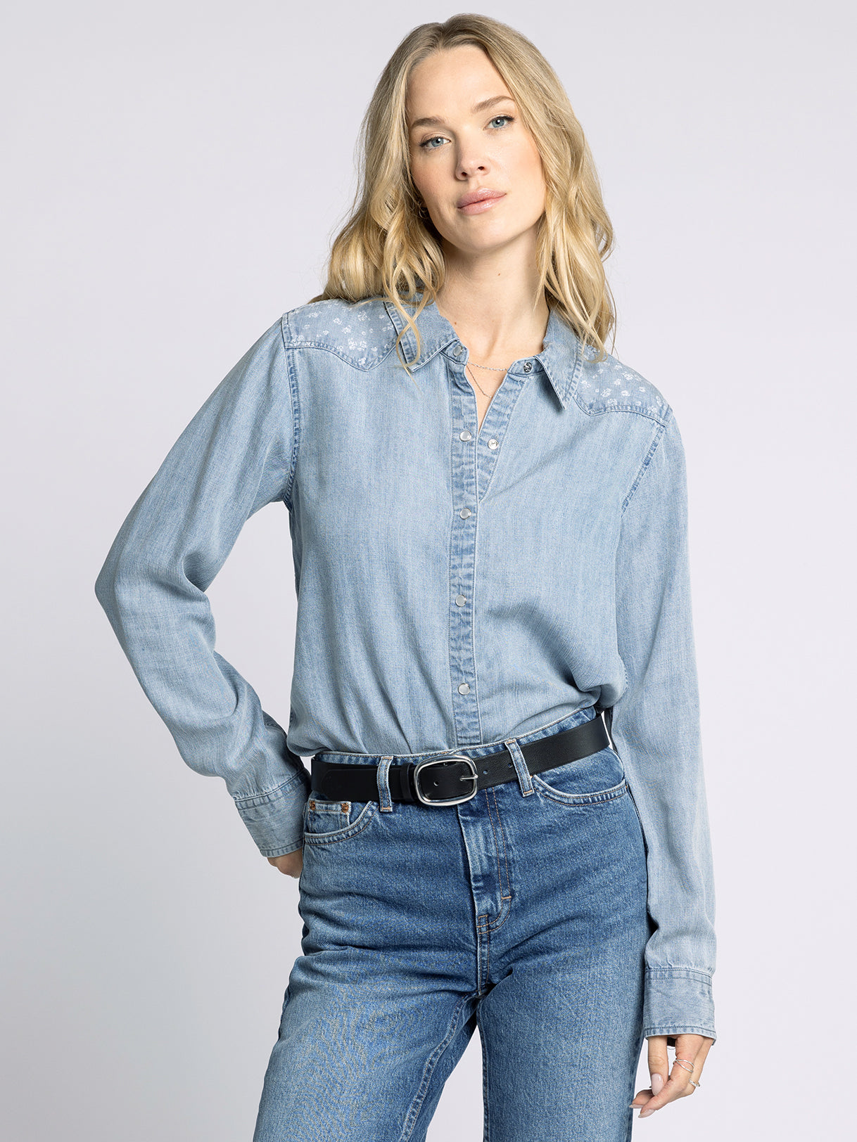 chambray shirt floral shoulder detail
