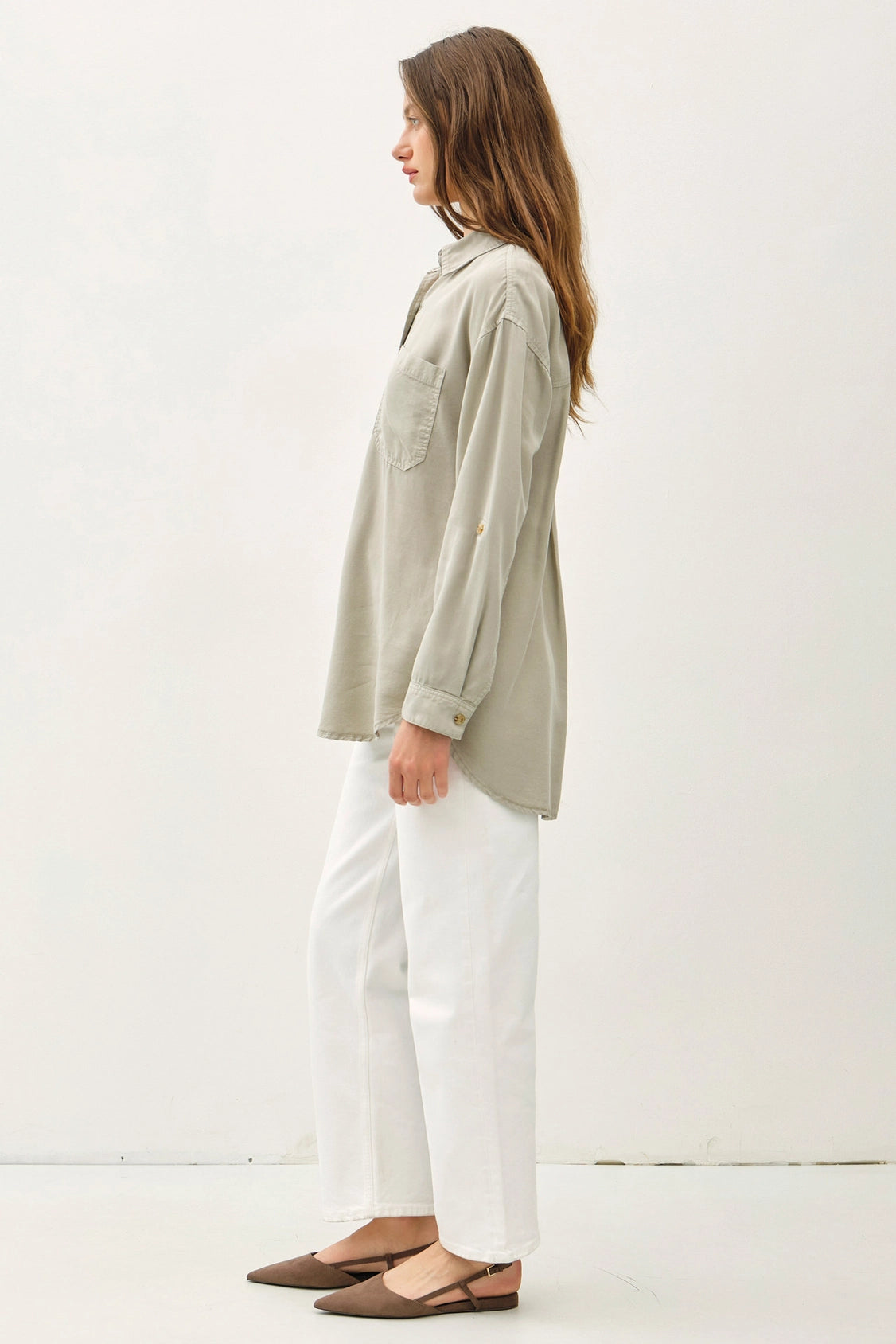collared button down top with high low hem