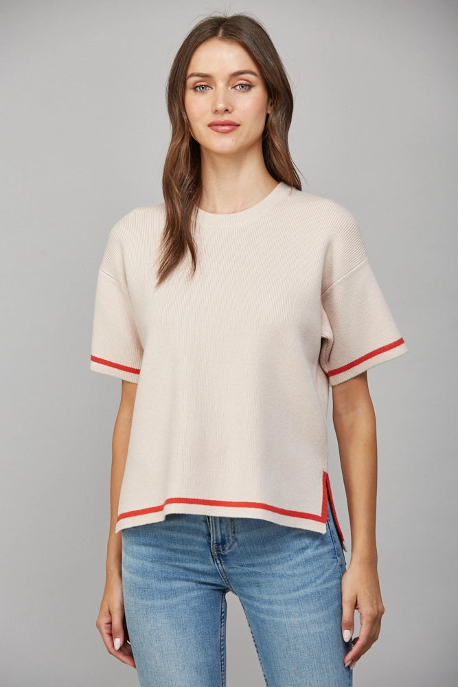 cream short sleeve sweater orange detail 1