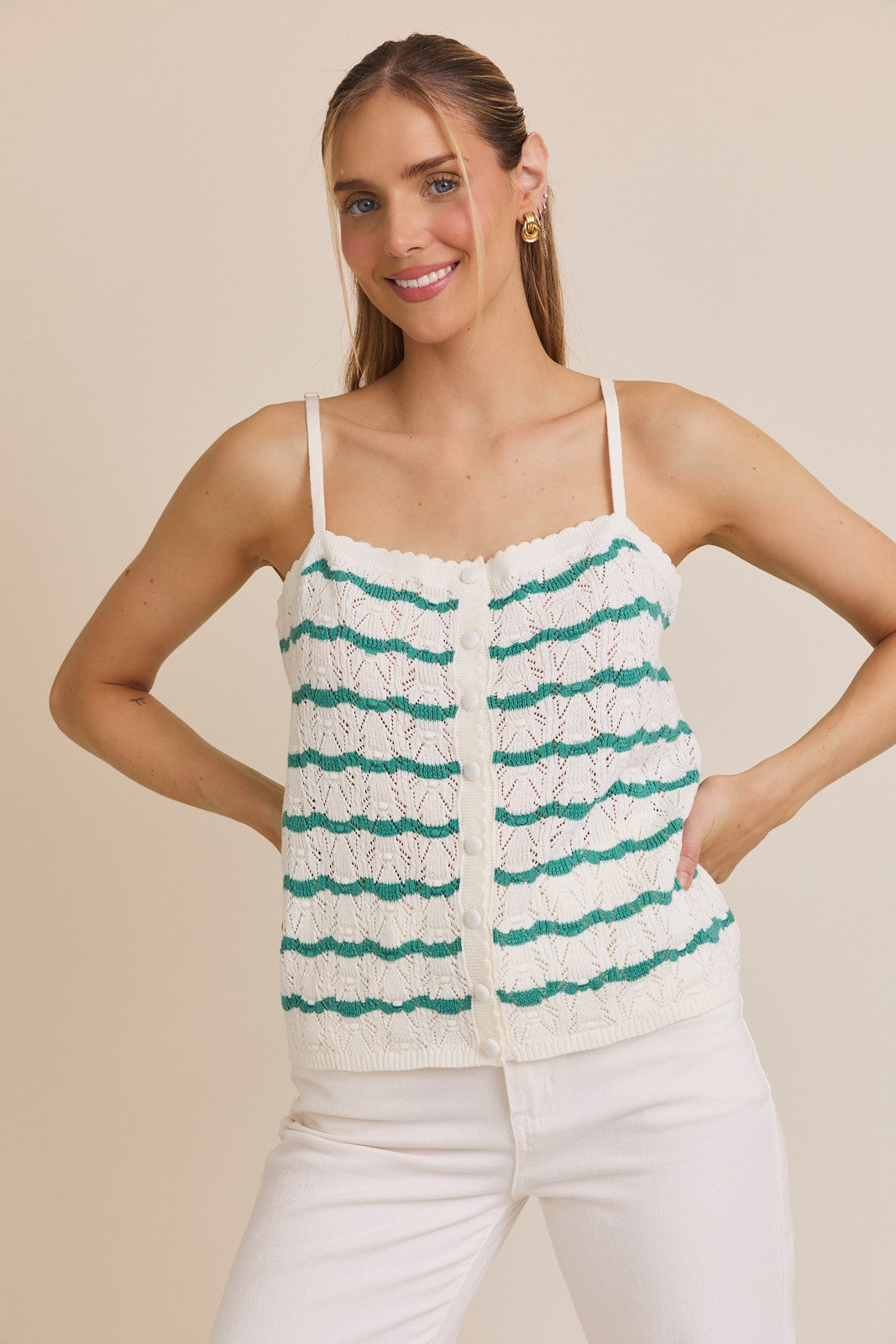 green stripe open knit cami