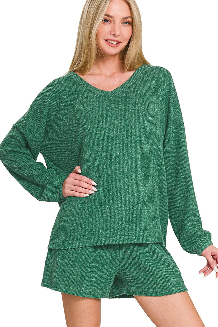 green ribbed elastic waist shorts