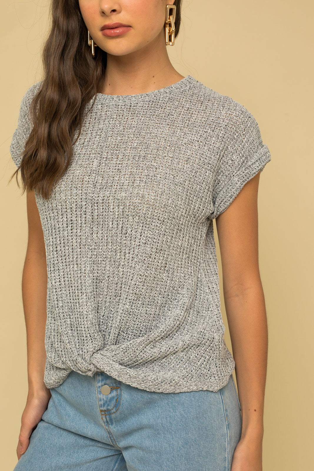 grey knit twist top short sleeve