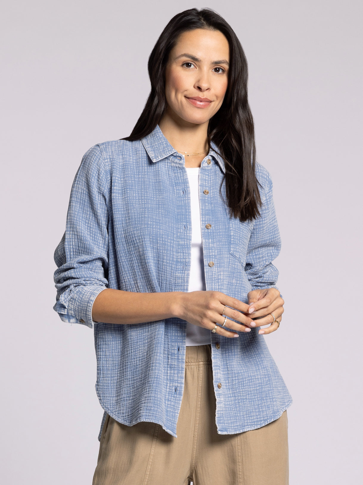 light blue button down top