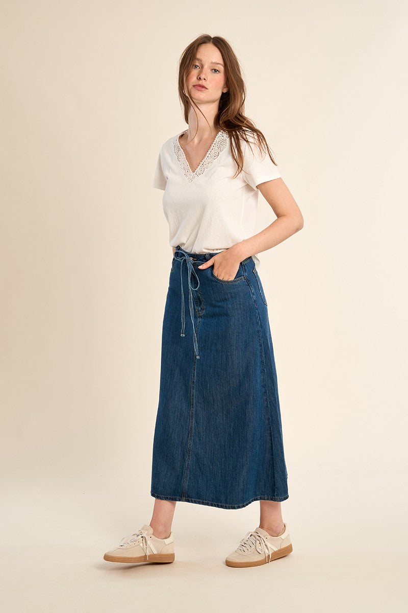 long belted denim skirt