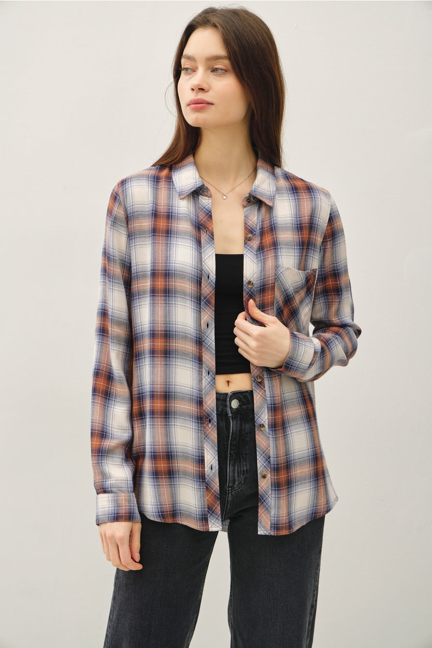 orange and blue plaid button down top