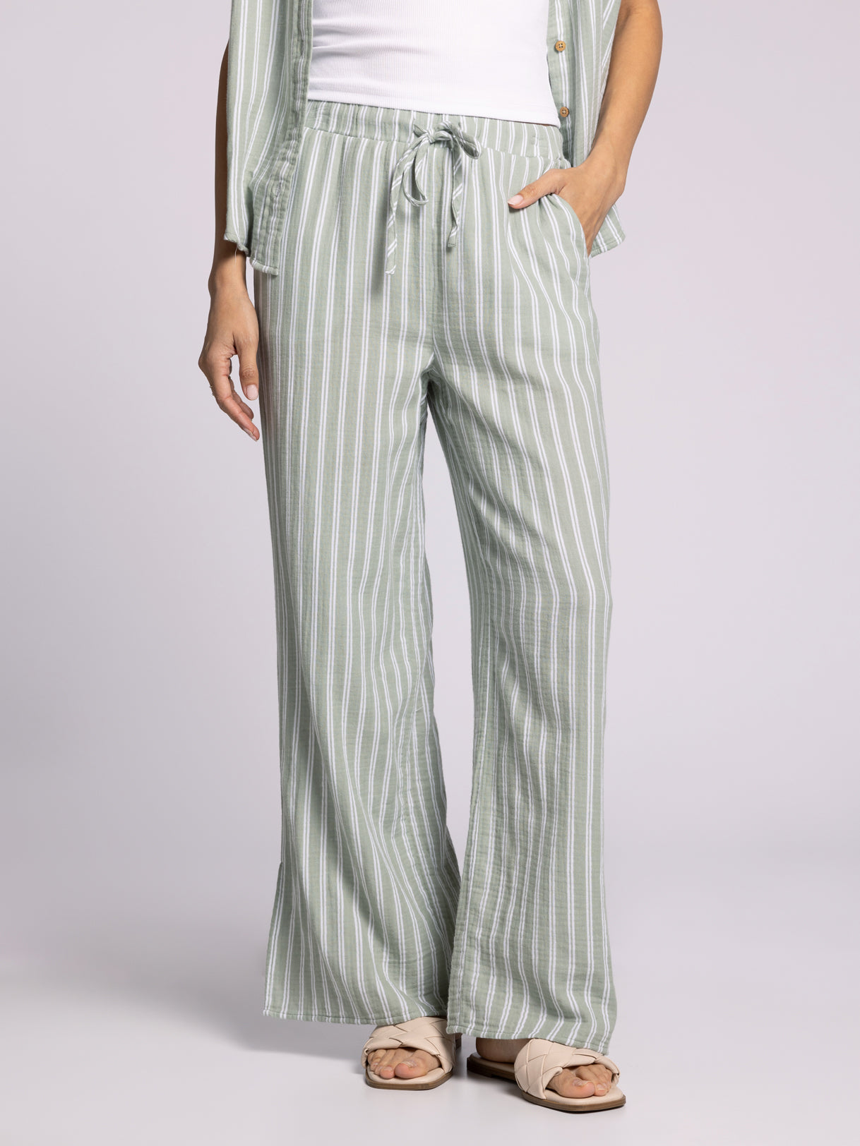 sage striped wide leg pants