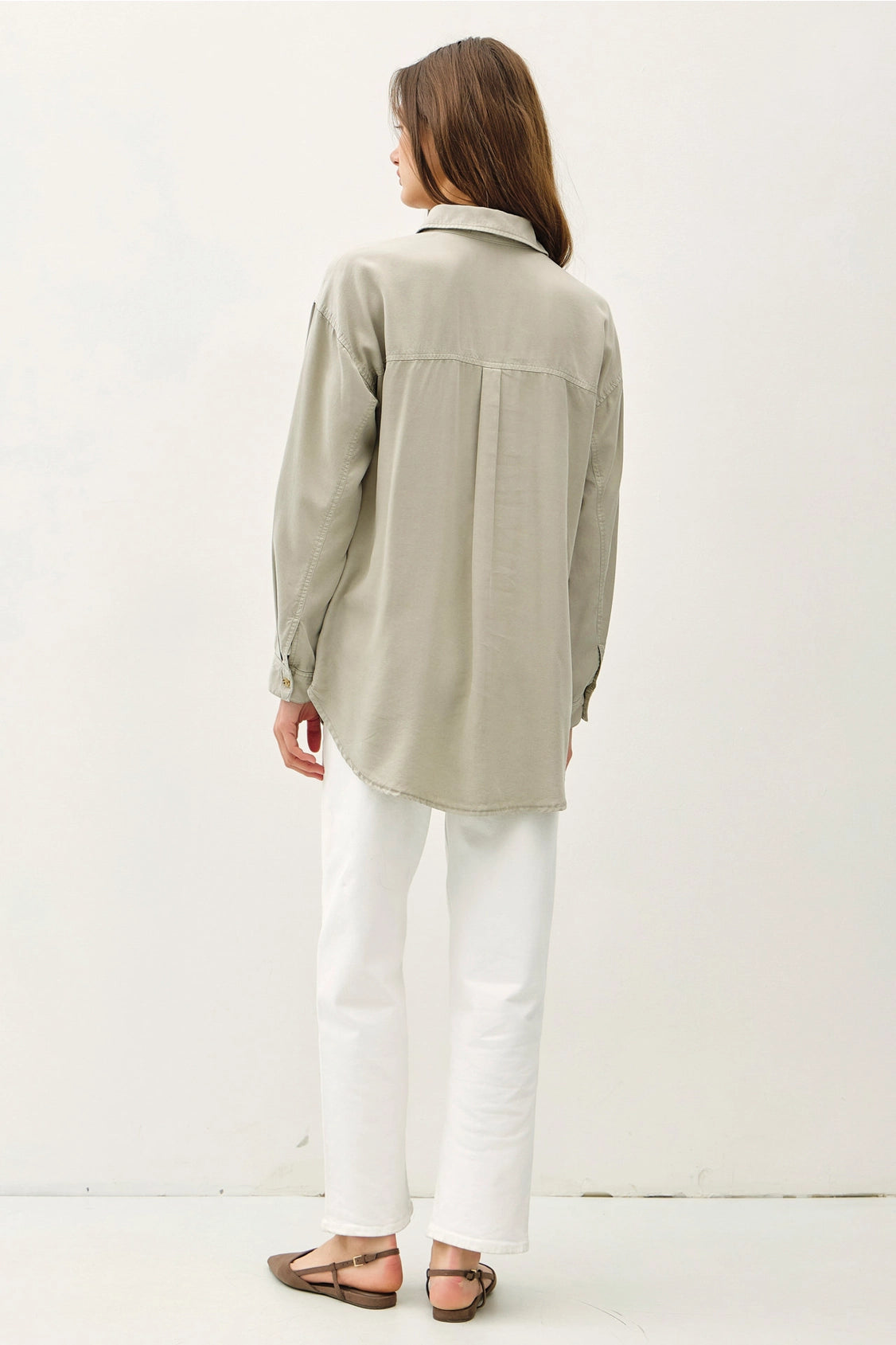 sage green collared shirt with pleated back
