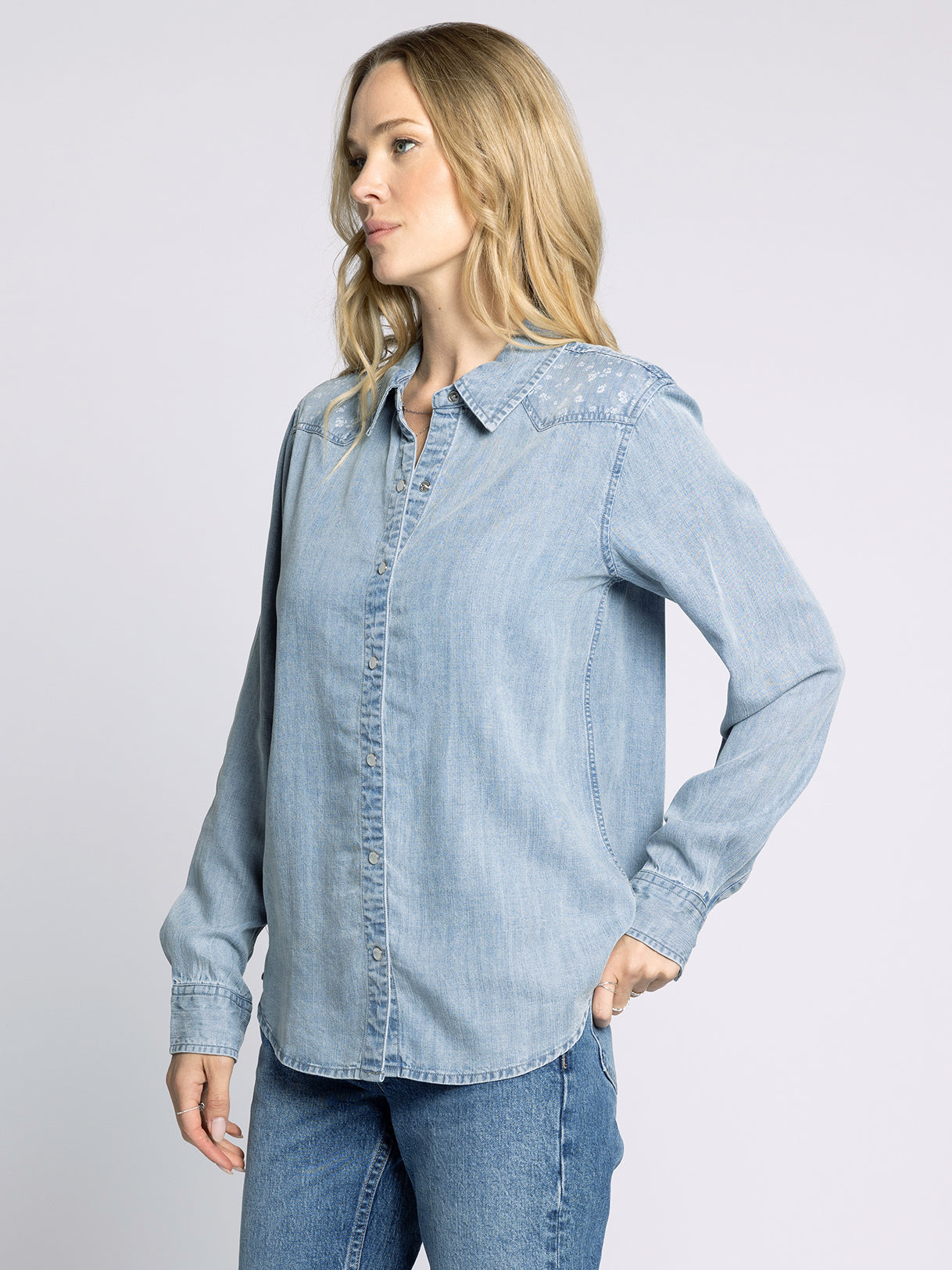 snap button chambray shirt for women