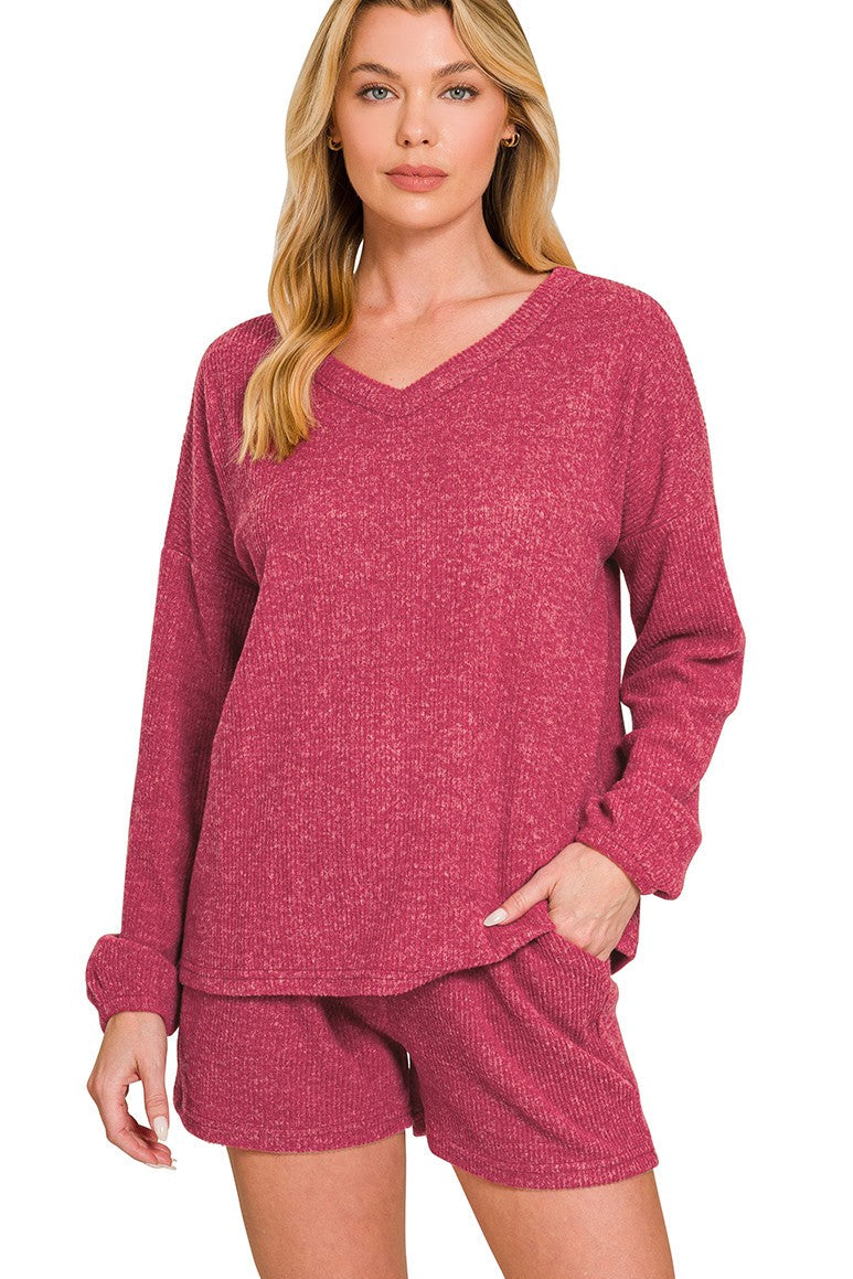 soft red v neck long sleeve lounge top