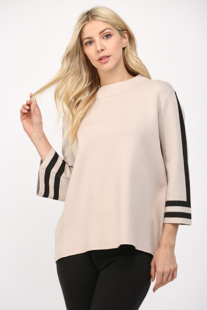 stripe sleeve mock neck sweater