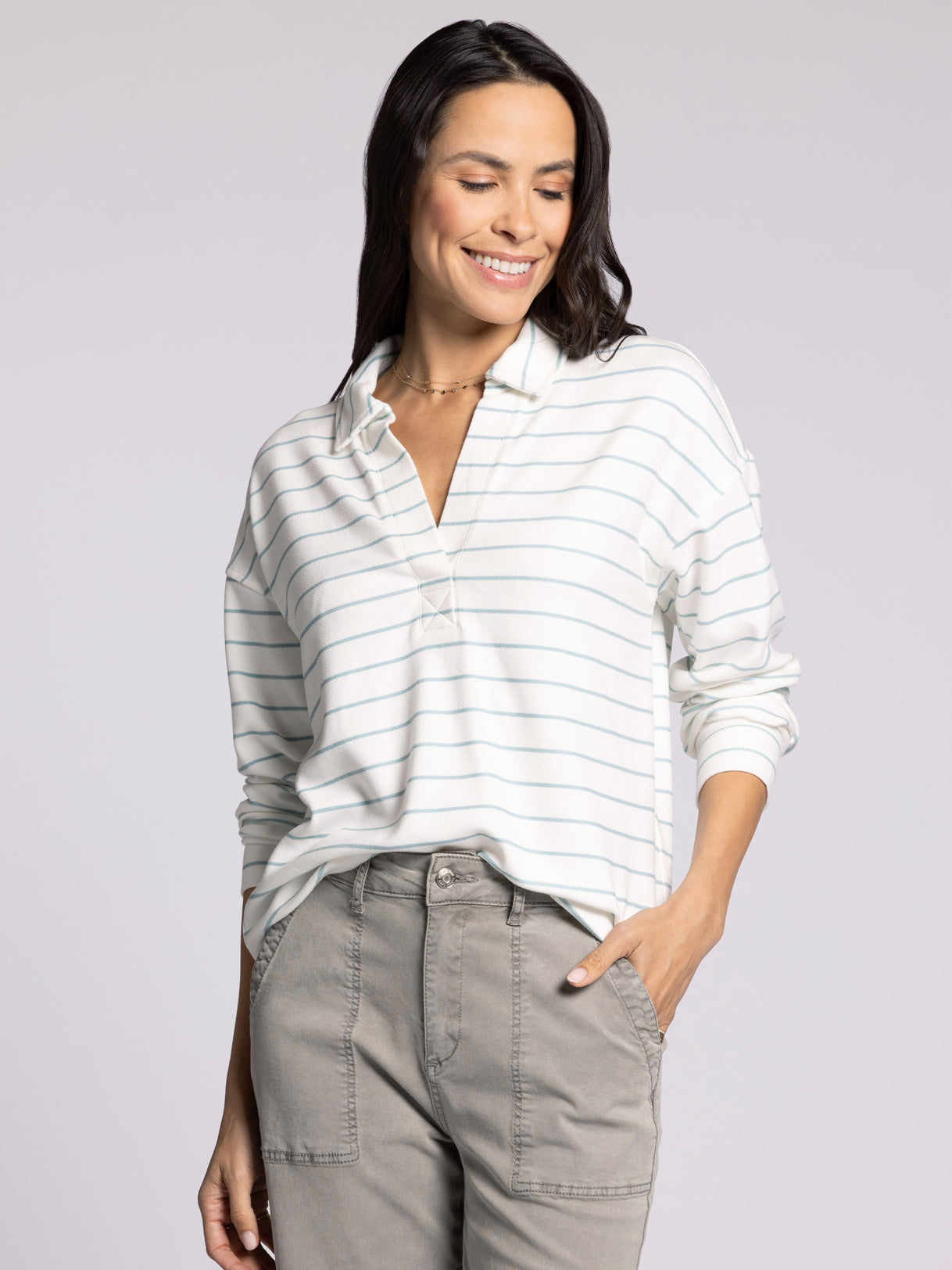 white long sleeve striped top