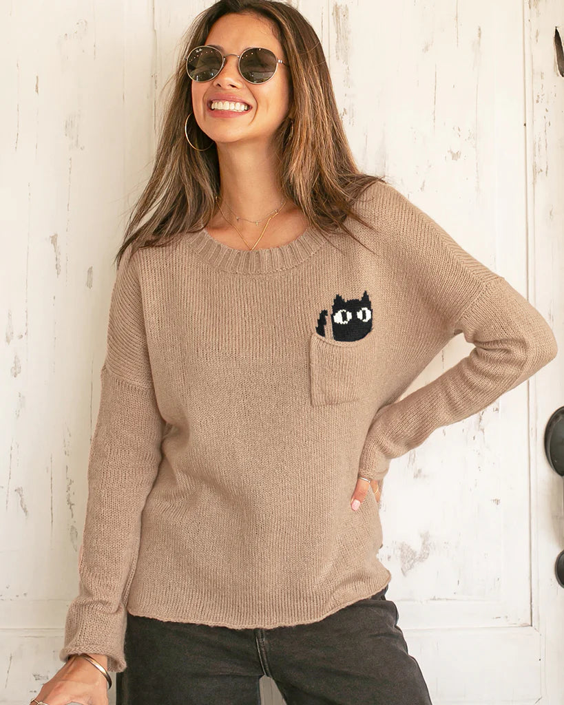 Wooden Ships Black Cat Crewneck Knit Sweater