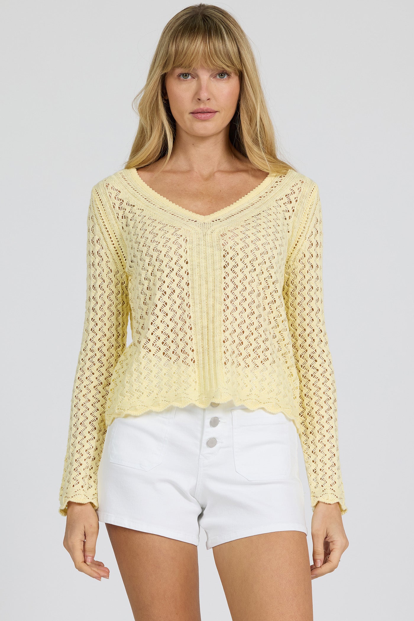 yellow v neck crochet sweater