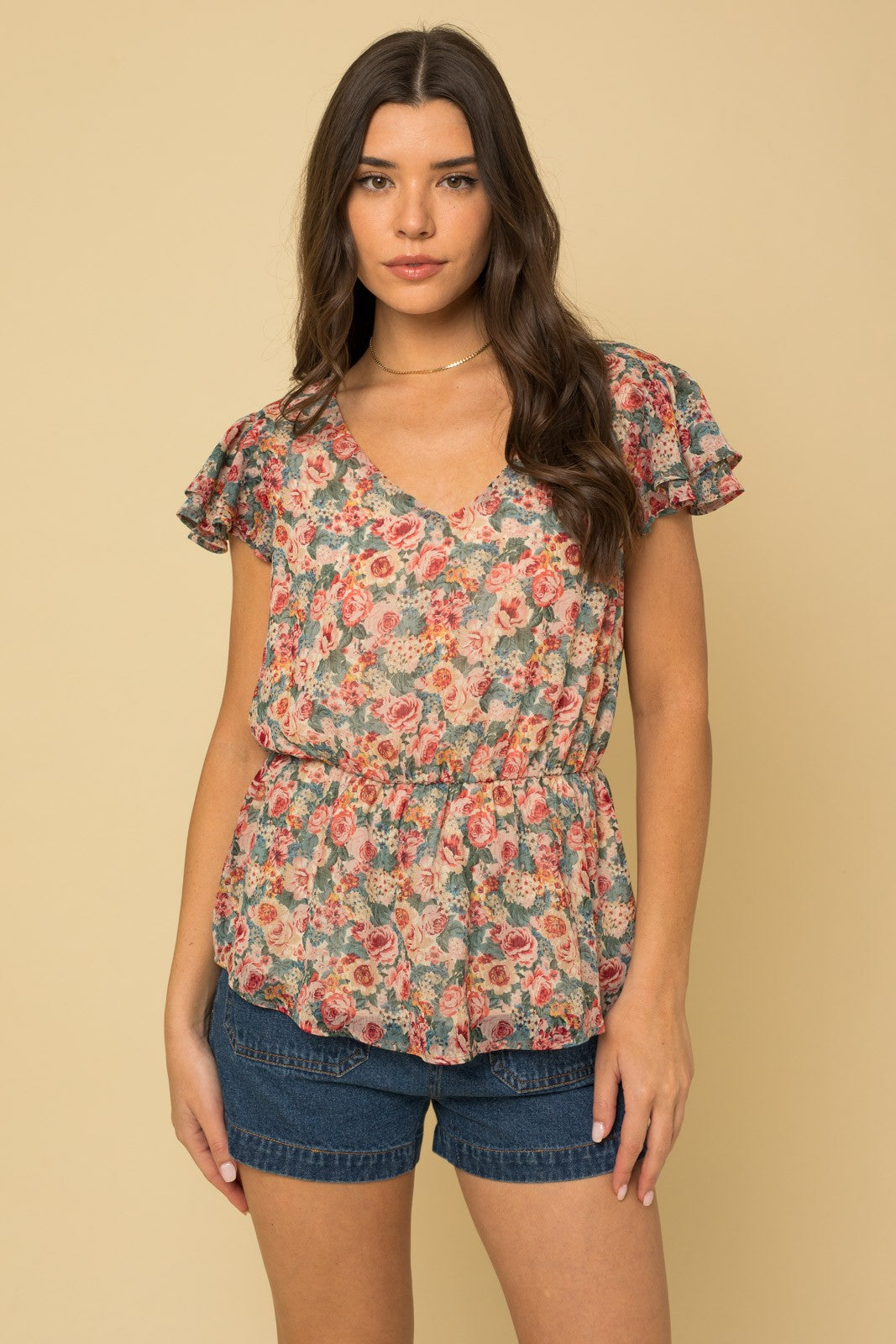 Muted Floral Peplum Style Summer Top